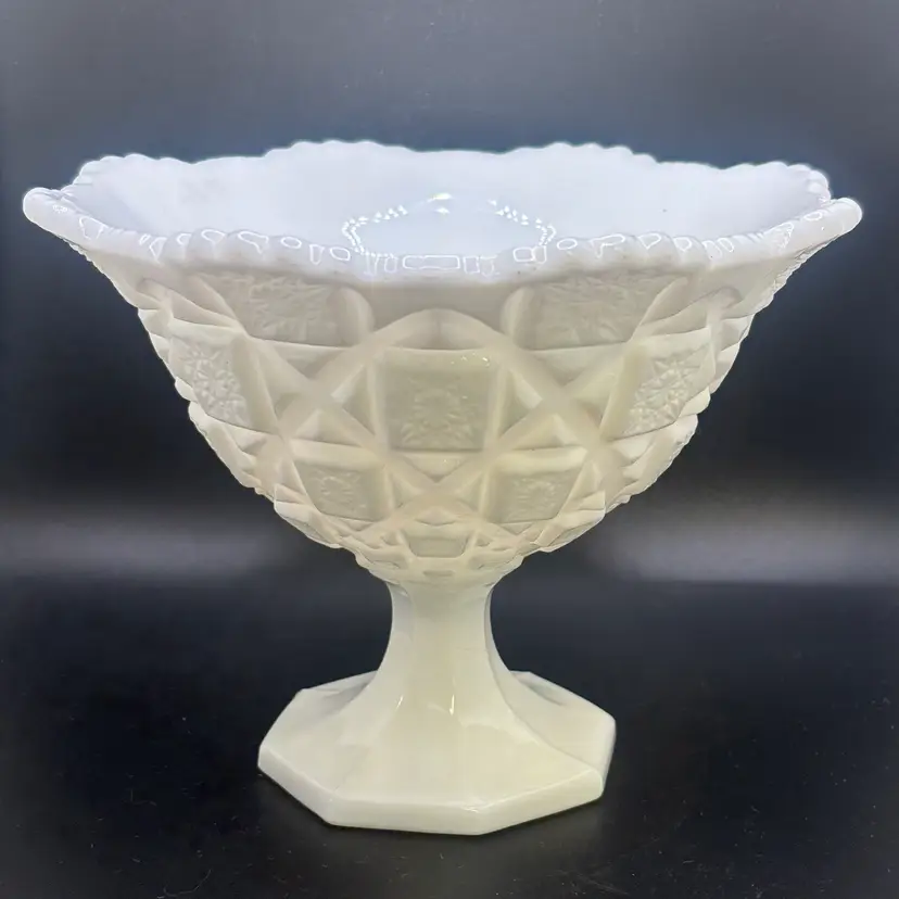 Vtg White Milk Glass Old Quilt Pattern Pedestal Compote Bowl 5.5”x7” GLOWS