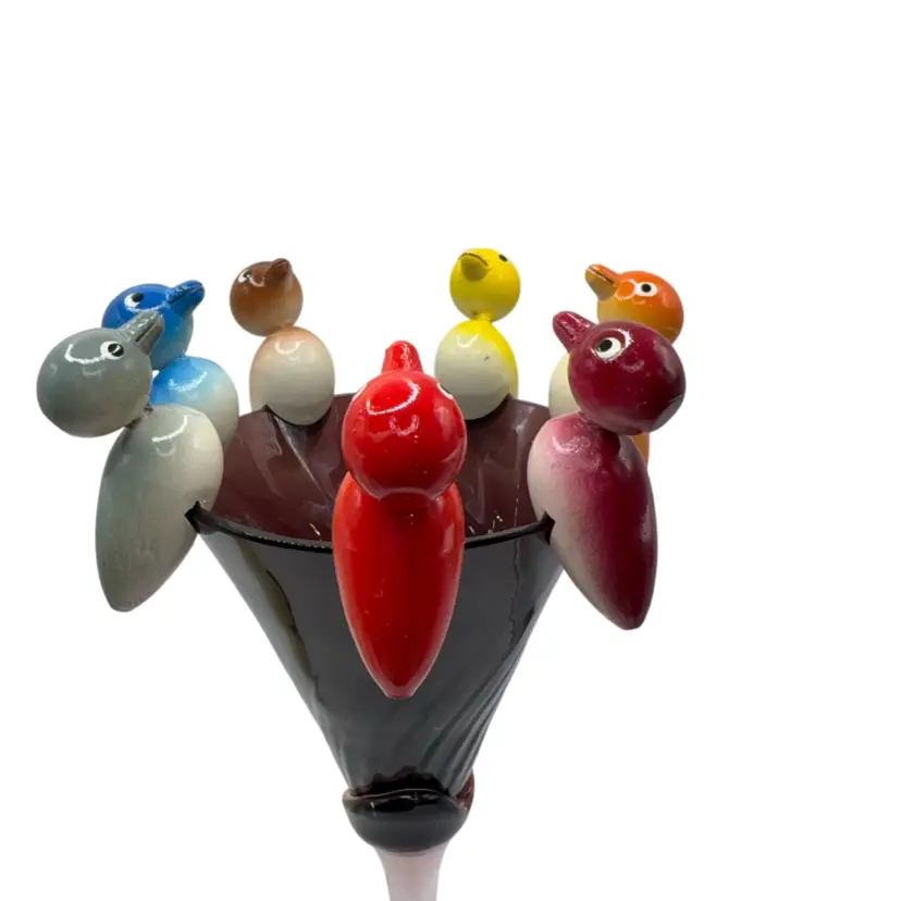 7 Swedish wooden duck glass markers are highly sought-after vintage barware.  The Duck Marks The Glass And The Beak Will Hold A Piece Of Paper For Person Or Drink Name.