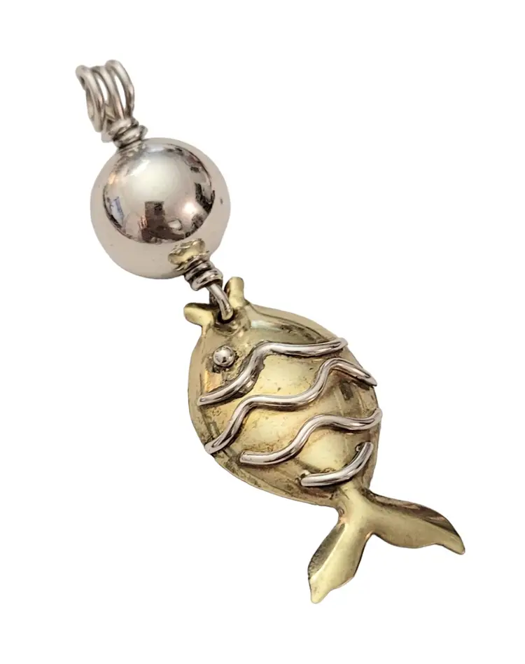 Sterling Silver And Brass Brutalist Fish Charm Dangle Pendant E553