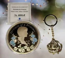 Princess Diana Lot, Collectible Coin & Gold-Tone Rose Locket Key Chain Key Ring