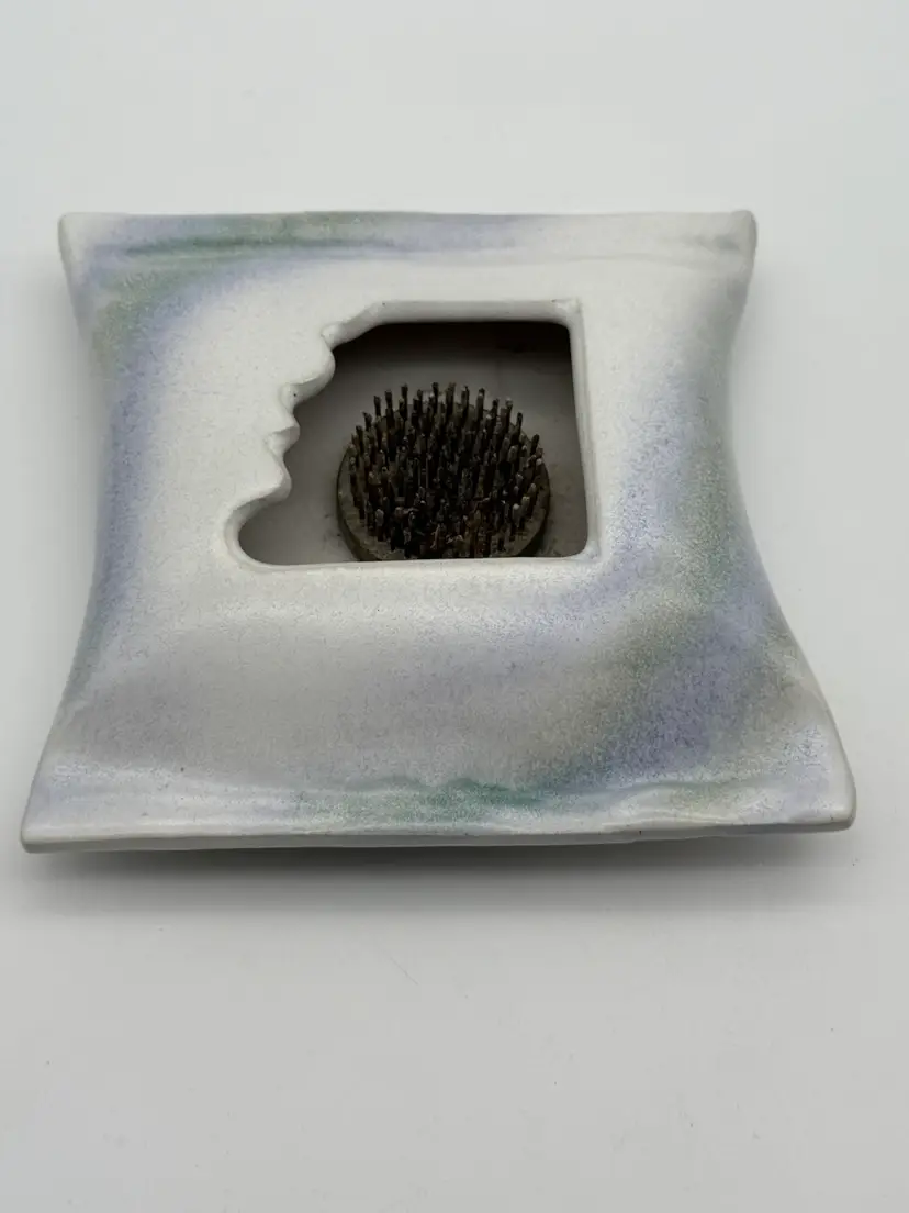 Studio Pottery Ikebana Pillow Vase White with Purple And Green Accents