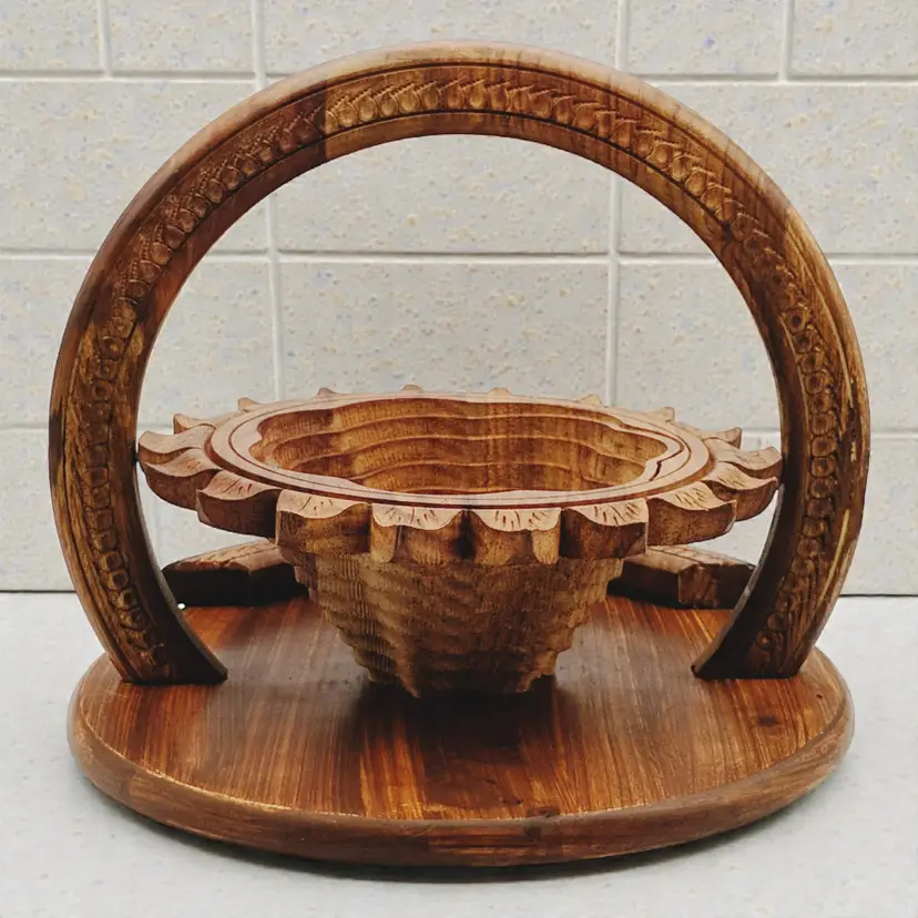 Hand Carved Round Sunflower Wooden Collapsible Accordion Bowl Basket