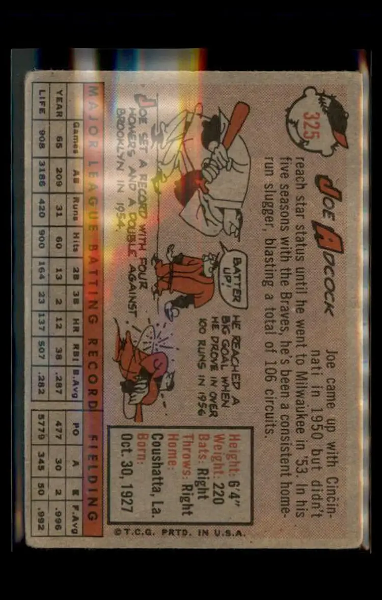 1958 Topps #325 Joe Adcock - (pk4) - Milwaukee Braves