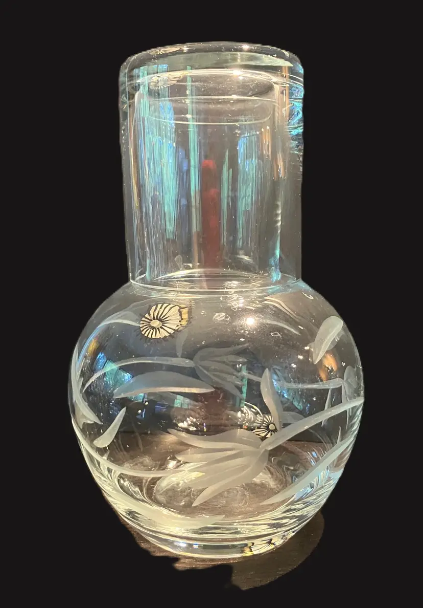 Vintage Etched Floral Glass Tumble Up Clear Bedside Water Carafe