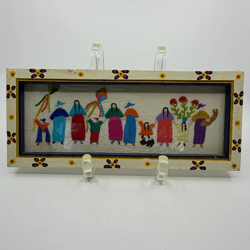 Hand Painted Wood Frame W Embroidered Folk Art Scene Figures In Traditional Attire