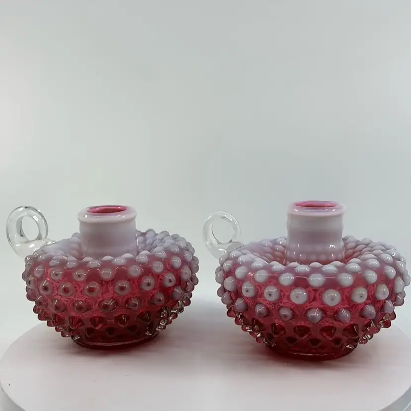 Fenton Cranberry Opalescent Hobnail Candle Holders 5Dia 3.5H Read