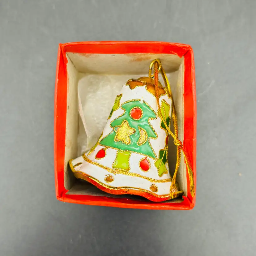 Cloisonne Enamel Metal Christmas Ornament Bell Tree Pointsettia White Background 2in