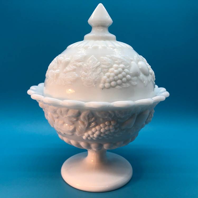 Vintage Westmoreland Milk Glass Pedestal Candy Dish Raised Fruit Pattern  W/ Lid