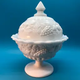 Vintage Westmoreland Milk Glass Pedestal Candy Dish Raised Fruit Pattern  W/ Lid
