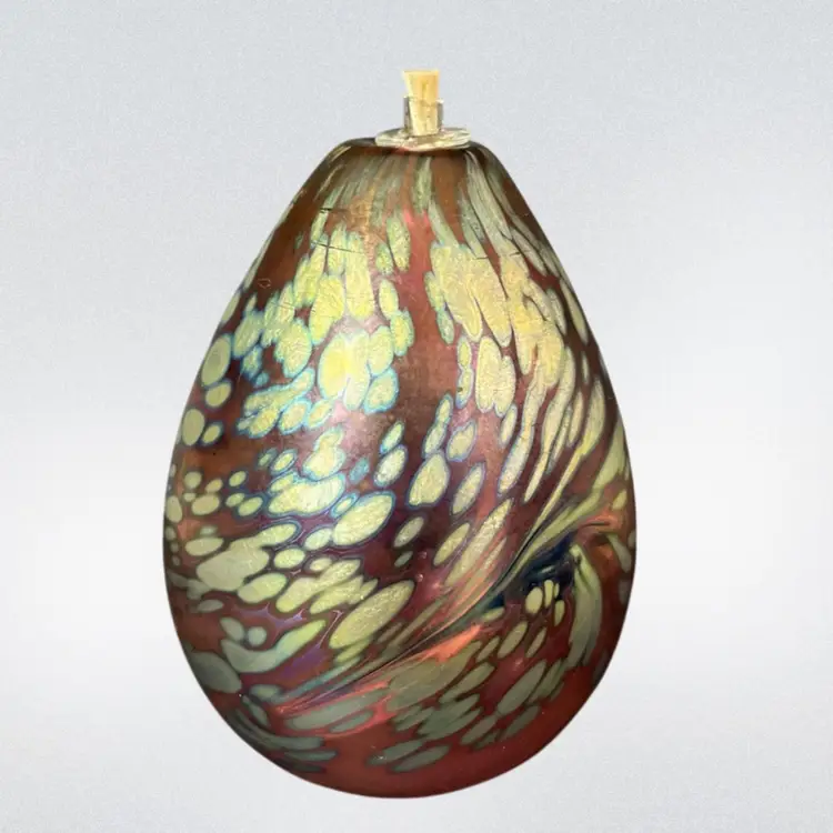 1986 Brian Maytum Studio Iridescent Art Glass Oil Lamp, Hand Blown Glass Oil Lamp Or Bud Vase, Hand Signed Brian Maytum Pink And Silver-Blue Splatter Iridescent Art Glass Oil Lamp