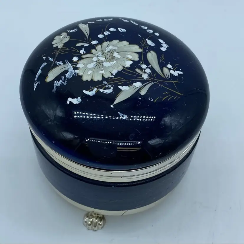 #4111 Italian cobalt glass round trinket box with hand-painted floral decoration.