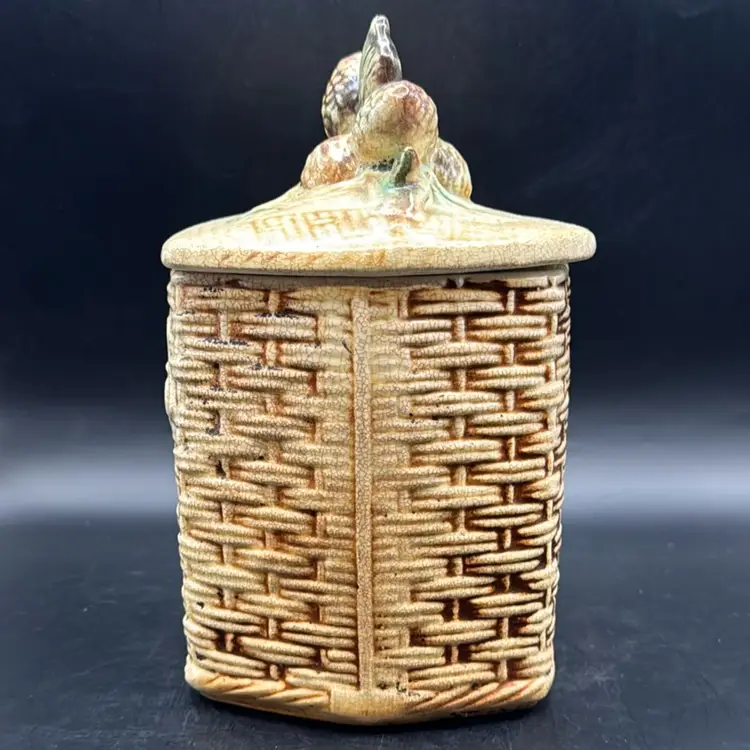 Vintage 1950s McCoy Pottery Woven Basket Acorns Cookie Jar 10”