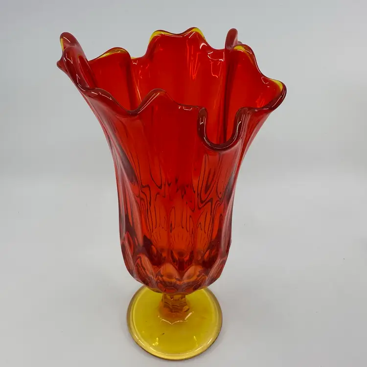 Vintage Fenton Thumbprint Amberina Orange Handkerchief Pedestal Vase