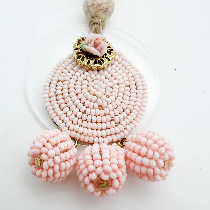 Pink Rose Beaded Handmade Ornament Repurposed Jewelry