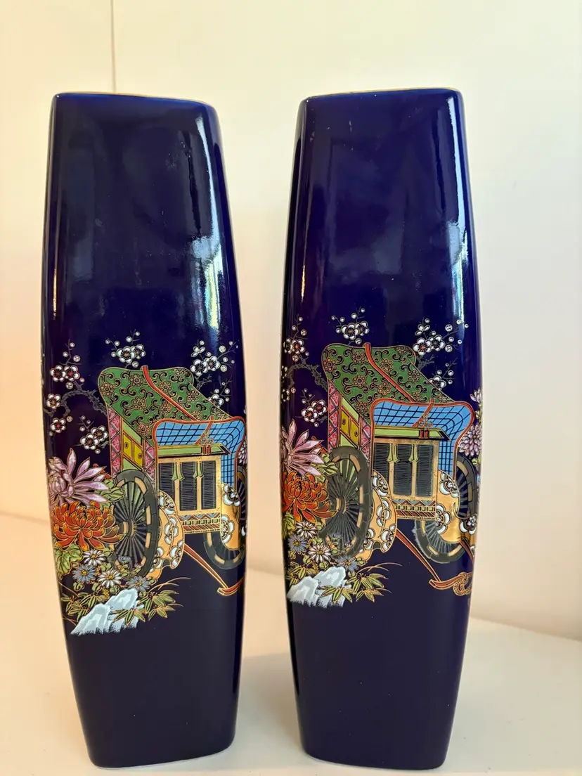 Two Vintage Porcelain Japanese Cobalt Blue Cart With Flowers