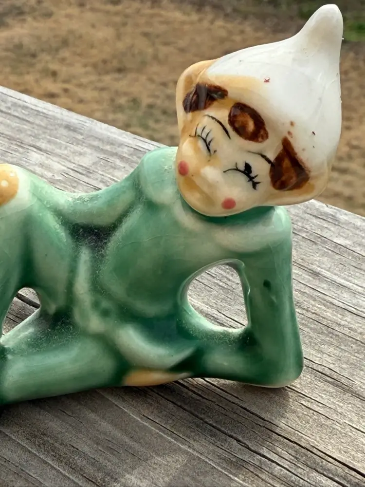 MidCentury Japanese Ceramic Reclining Pixie  Sage Green