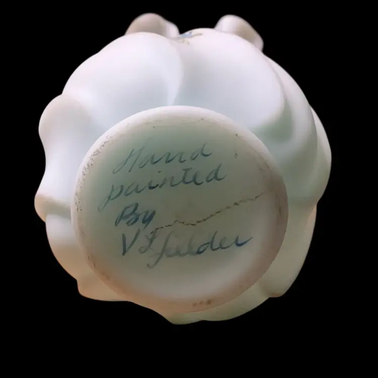 04. Fenton Glass 5.5" Vase Hand Painted Blue Satin Finish Ruffled Top Signed