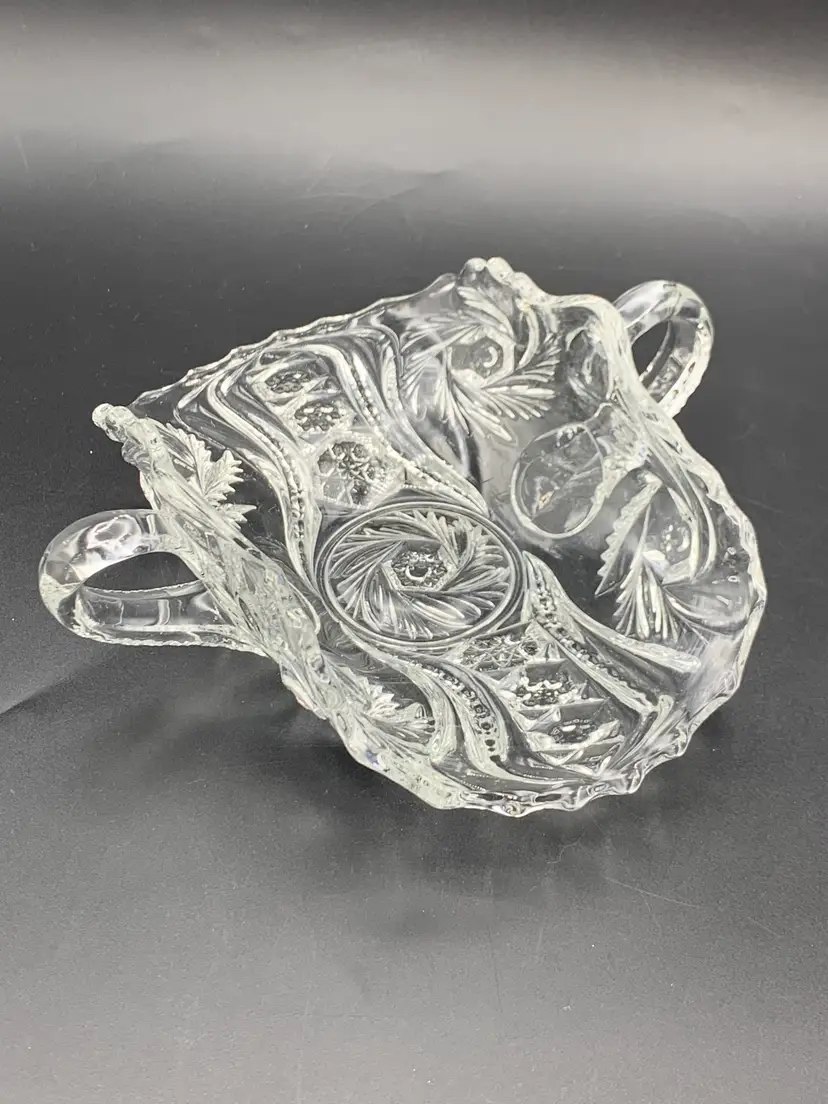 #17 - Crystal Glass Center Piece Dish Applied Handles 1950s Pressed 7.5"