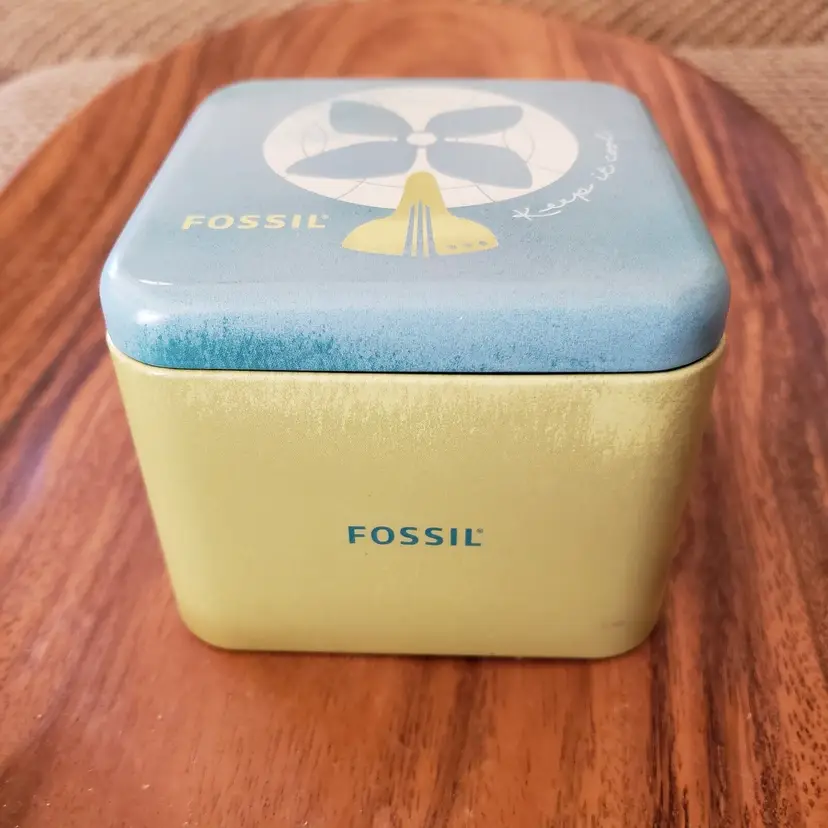 Fossil Metal Tin EMPTY Box Keep It Cool 3" Tall 3 1/2" Square Watch Storage