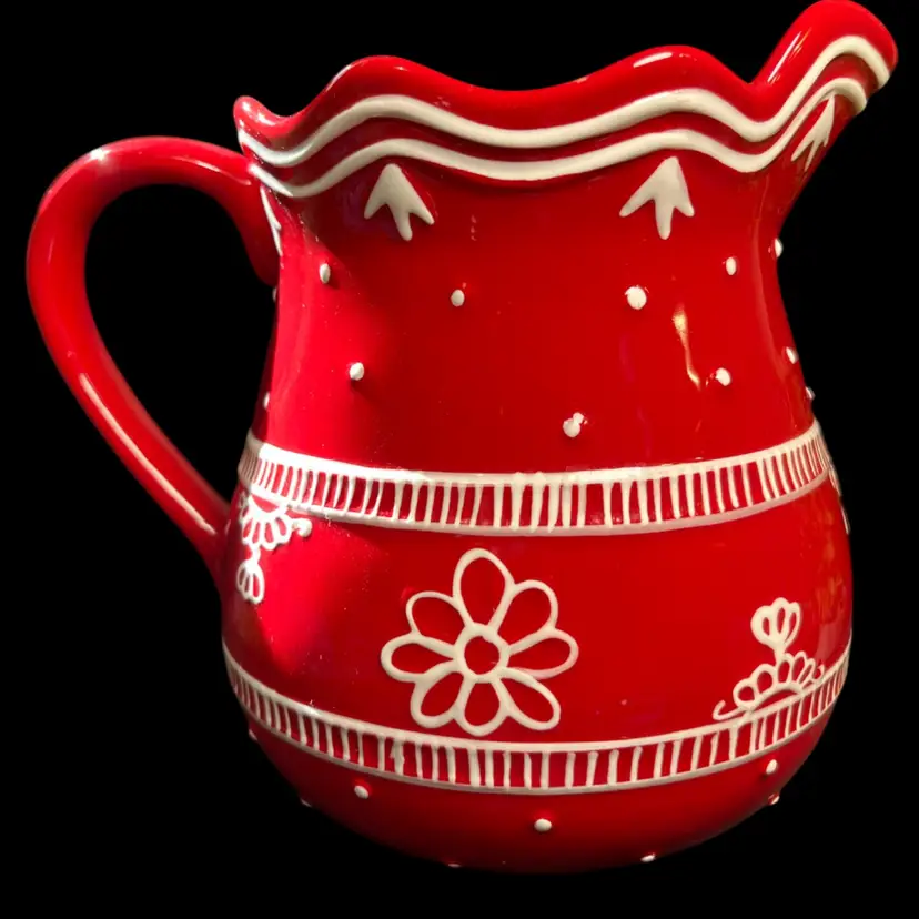 2007 Harry & David Red/White Ceramic Pitcher w/ Raised White Painted Flower Pattern