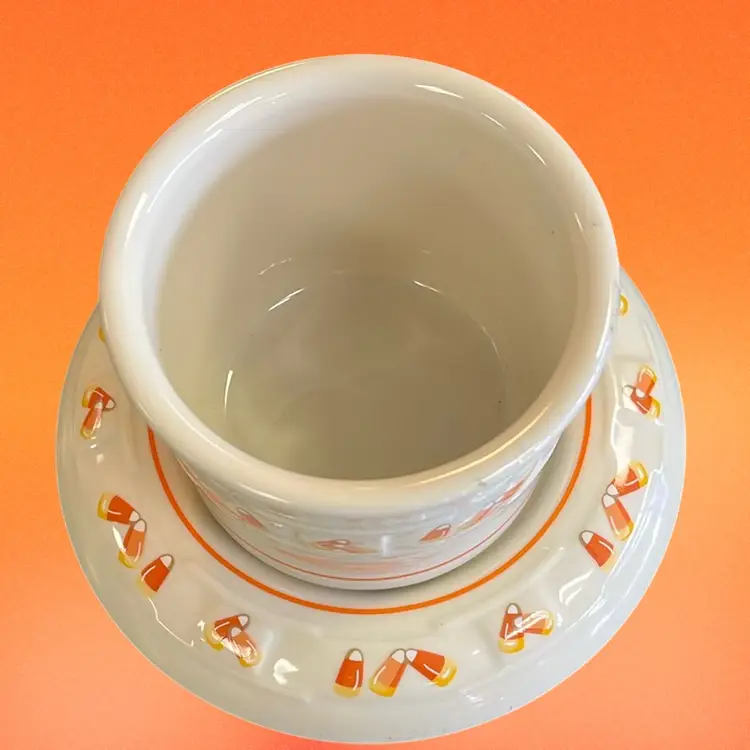 Longaberger Pottery Candy Corn Crock And Base Set