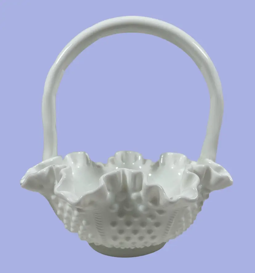 Fenton Milk Glass Hobnail Basket Bowl with Handle Ruffled Signed Fenton 1950’s
