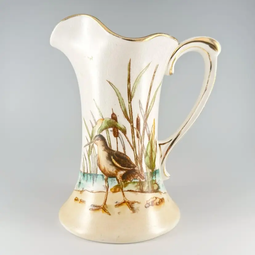 Antique Haynes Ware Sand Piper Bird Ceramic Transferware Pitcher or Jug, Made in Baltimore Maryland 422