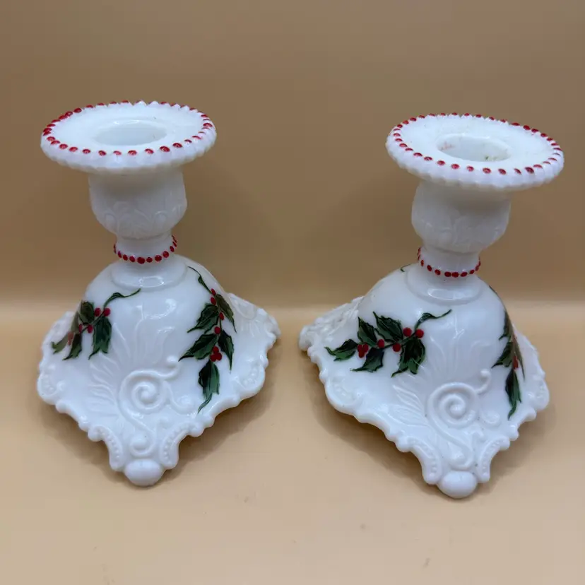 Westmorland Hand Painted Holly Milk Glass Candle Sticks 4”