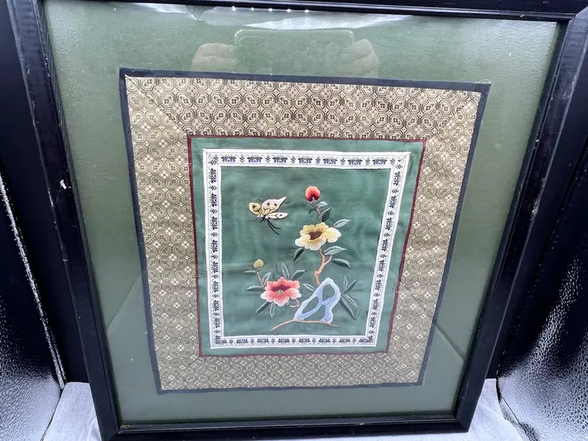 #1045-B Vintage Framed Kimono Panel 
Green with Beautiful Embroidered Florals