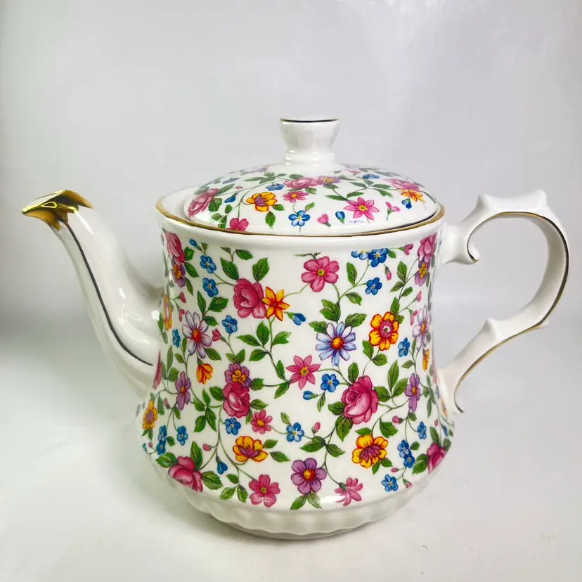 Vintage Windsor Pottery Teapot Made in England Floral Chintz Gold Trim Fluted