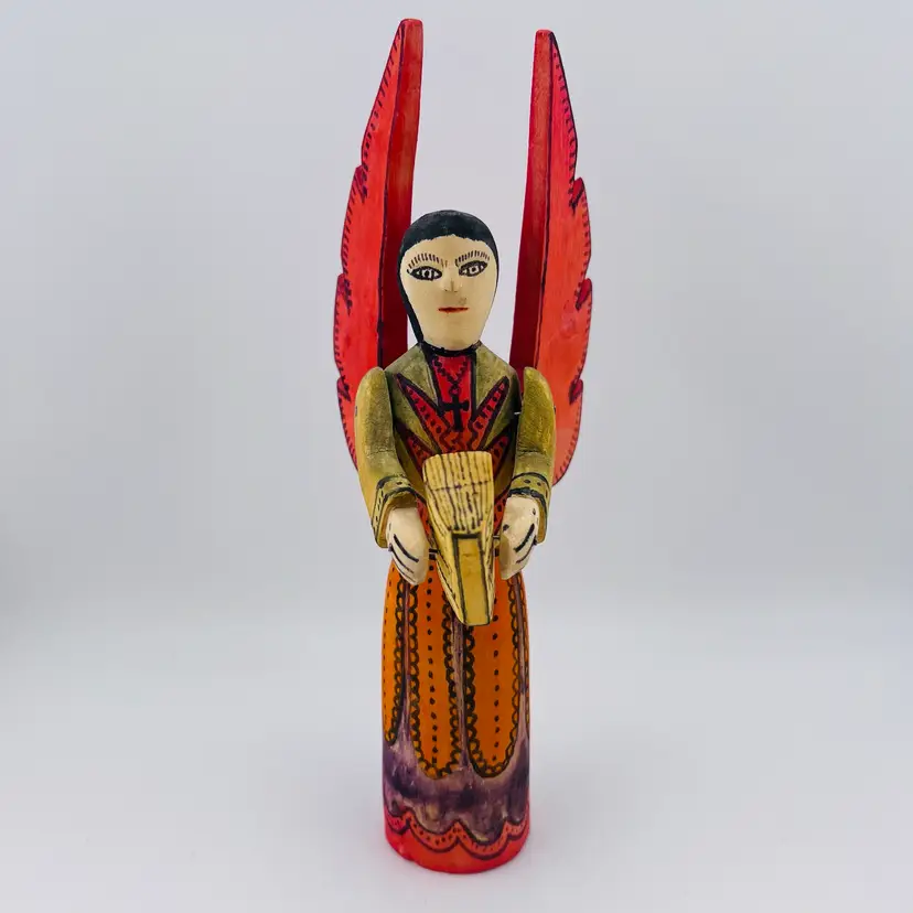 Mexican Folk Art Wood Carved And Painted Angel With Book Of Life 9.25”