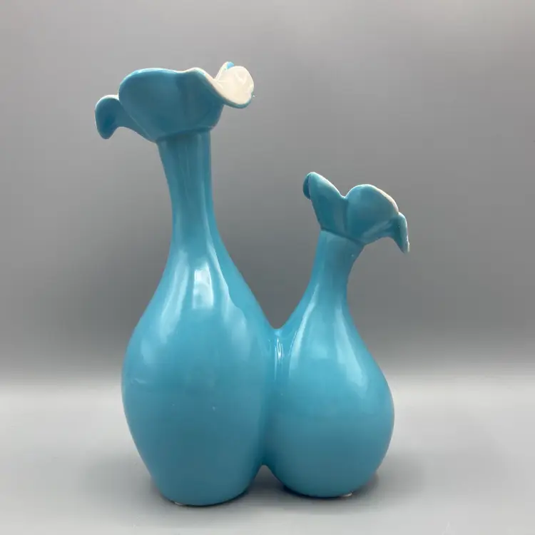 Vintage Teal Blue Double Finger Flower Vase - READ