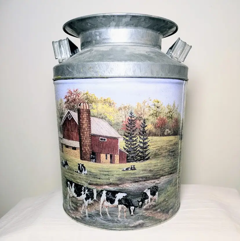 Vtg Decorative Milk Can Tin Red Barn scene with cows. - galvanized 10" tall
