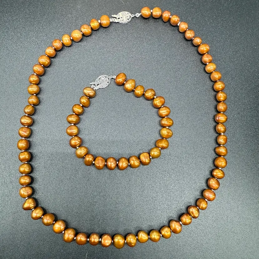 Vintage Bronze Freshwater Pearl 18” Necklace & Bracelet 7.25”  Set Sterling Silver Clasp