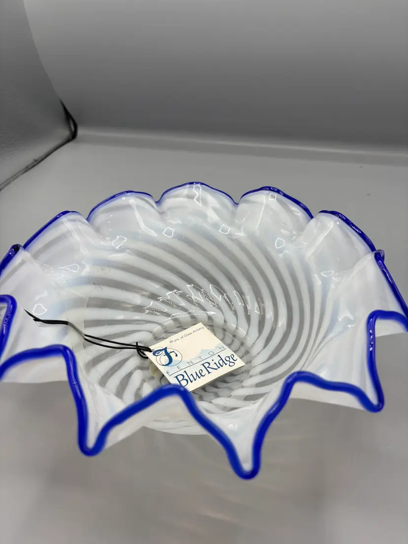 Vintage Fenton Blue Ridge White Opalescent Cobalt Crest Bowl