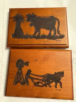 Set Of 2, Wooden Etched Farm Scene Wall Plaques, Signed Boyer
