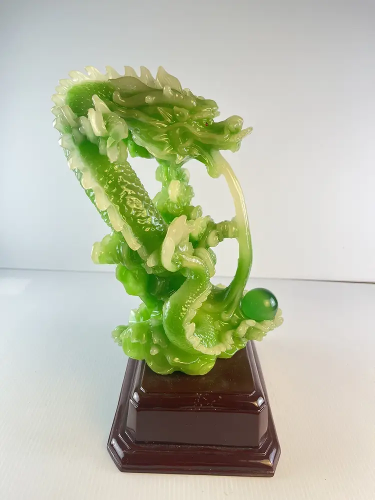 Prosperous Dragon Large Jade Green Glass with Marble Wood Base 12"T Chinese Gift