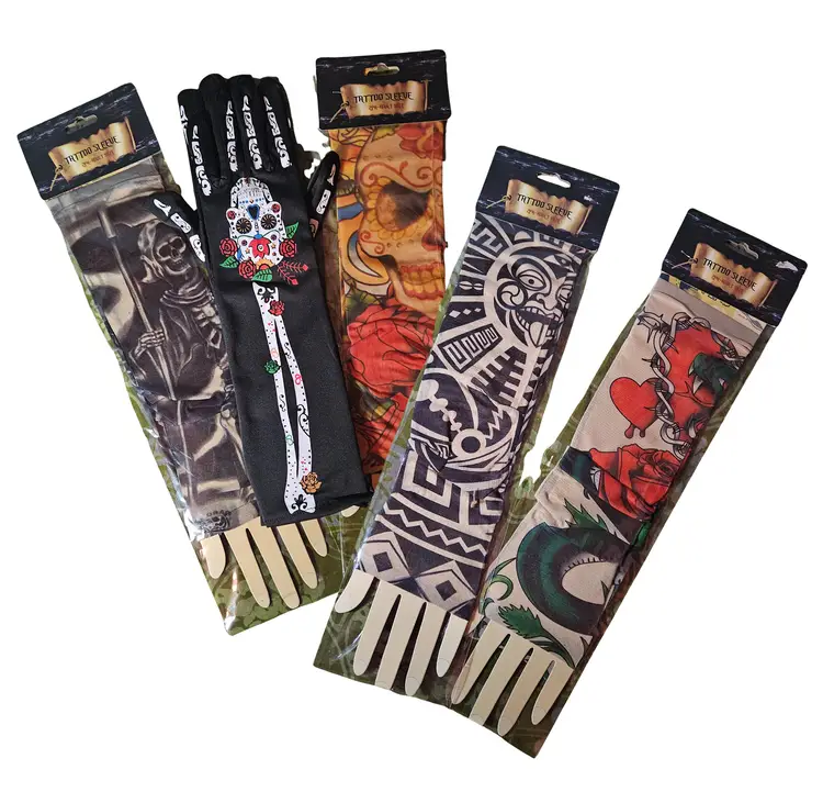 Lot of 13 NEW SEALED Temporary Tattoos - 4 Sleeves, 1 Glove, 8 Face Blood Stitches Halloween