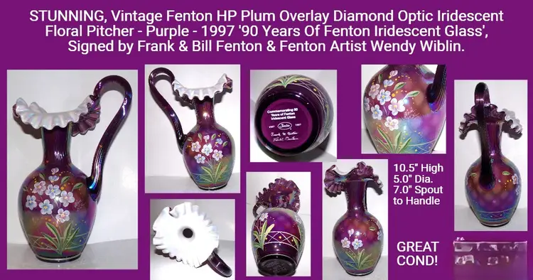 Stunning Vintage Fenton HP Plum Overlay, Diamond Optic, Iridescent, Hand-Painted Floral Pitcher