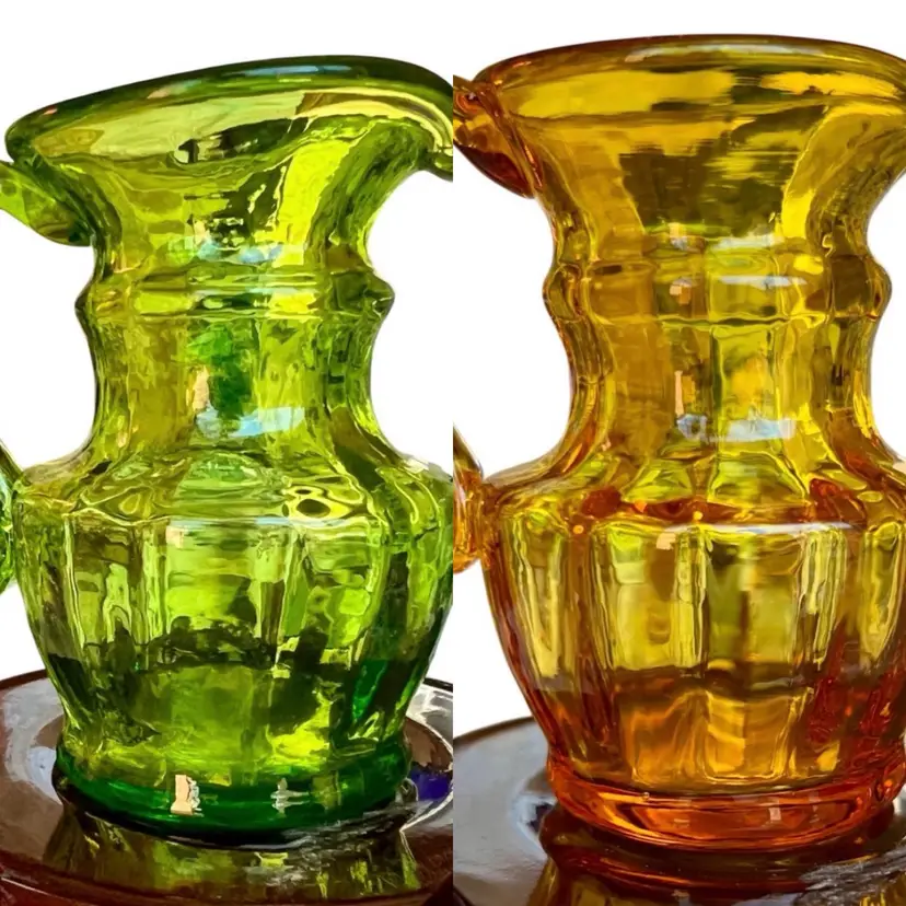2 Vintage Set Kanawha Art Glass Hand Blown Glass Green & Amber (see Pictures) Mini Cream Pitcher 3.5”