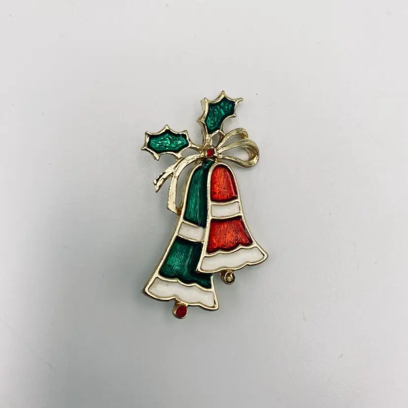 Vintage BEATRIX Gold Tone Metal and Enamel Christmas Pin Brooch Bells & Holly