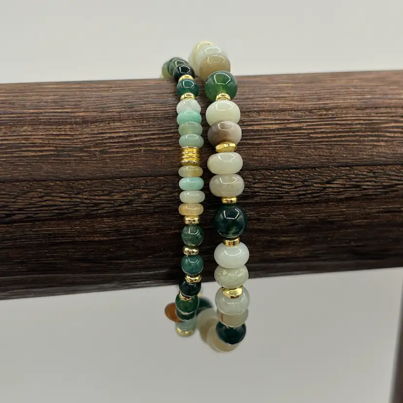 Summer - Pair Green Stone Beaded Stretch Bracelets