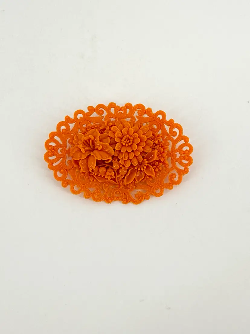 Vtg Carved Celluloid Orange Flower Bouquet Brooch