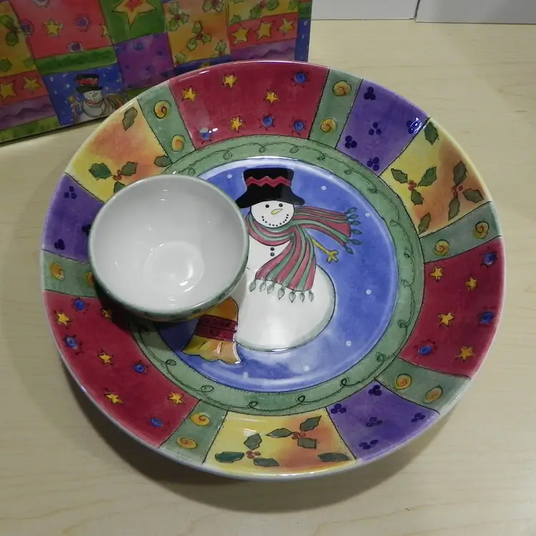 Sango Snowman Chip and Dip Bowl Set Sue Zipkin Sweet Shoppe Christmas Party Serving Table