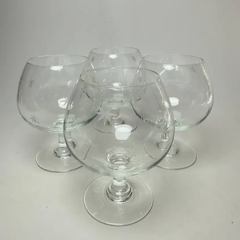 4 Vintage MCM Atomic Brandy Glass Snifter Star Dust by C G Quartzex Crystal 1950