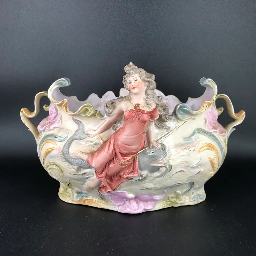 Antique Victorian Woman on Fish with Flowers Planter AS IS