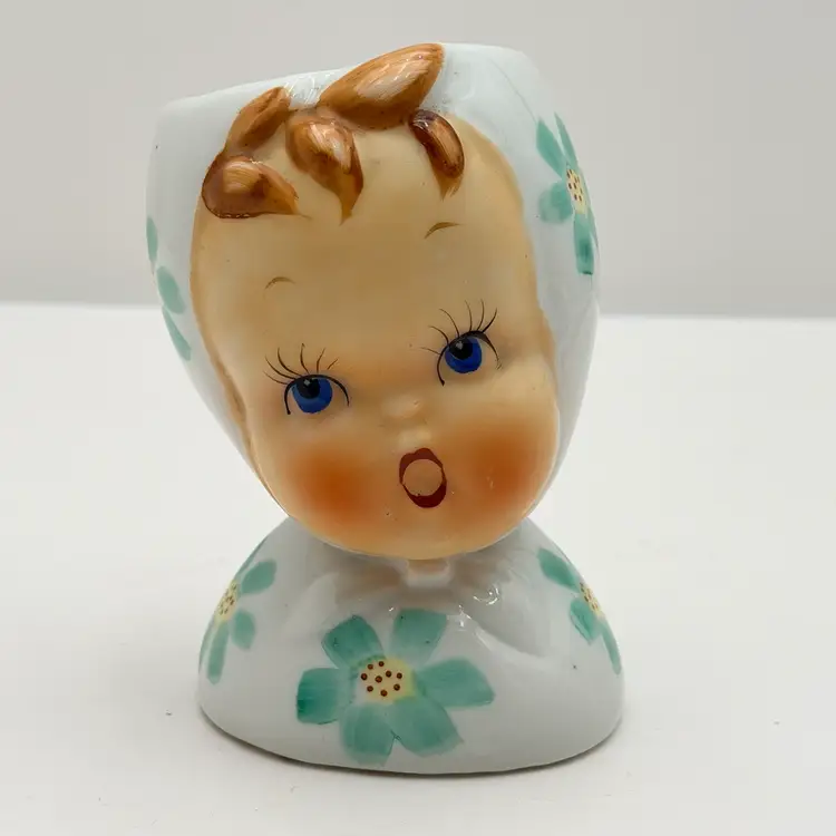 Baby In Blue Green Floral Hoodie Ceramic Vintage Head Vase