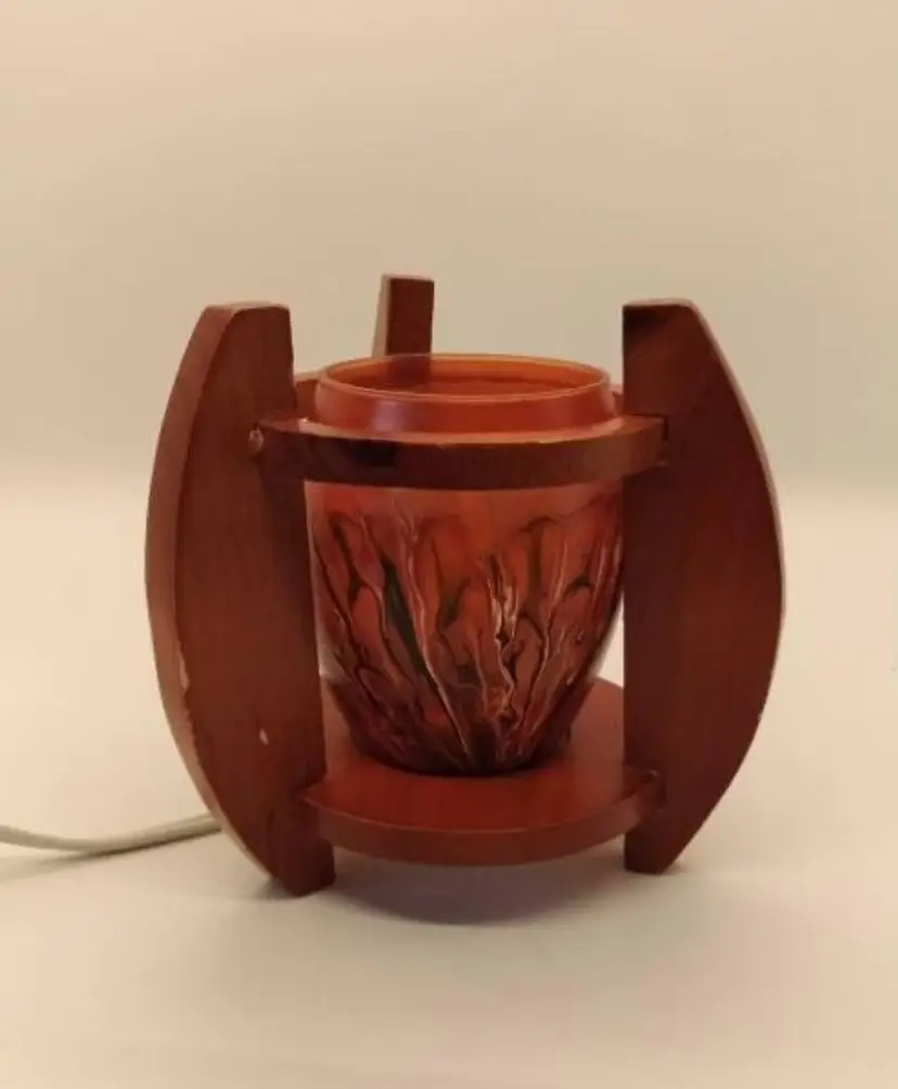 ACCENT LAMP, Art Glass And Teak Wood