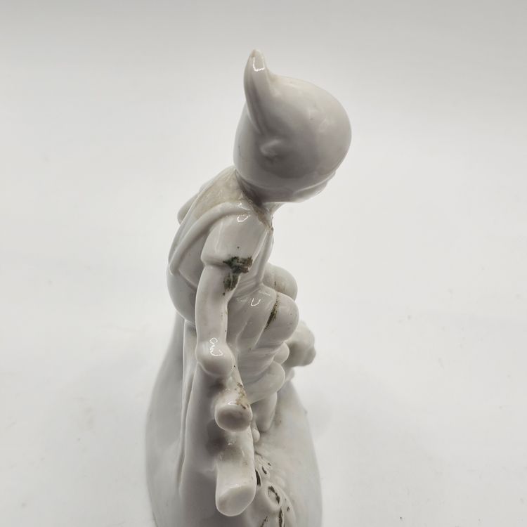 Porcelain Figurine boy elf on fence with cat vintage