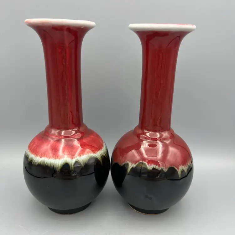 2 HOSLEY TM POTTERIES Drip Glazed Bud Vases Red Brown Vintage Art Pottery 9”